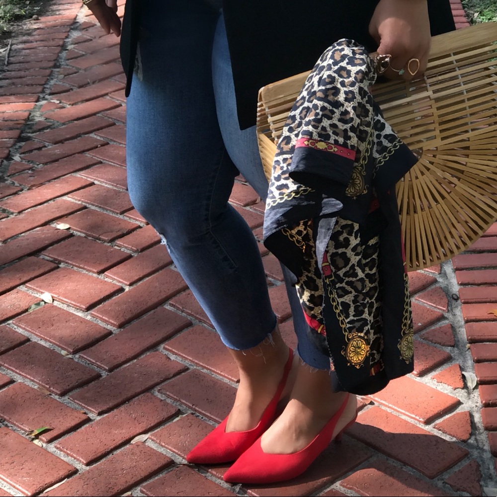 Red faux suede sling back kitten heel